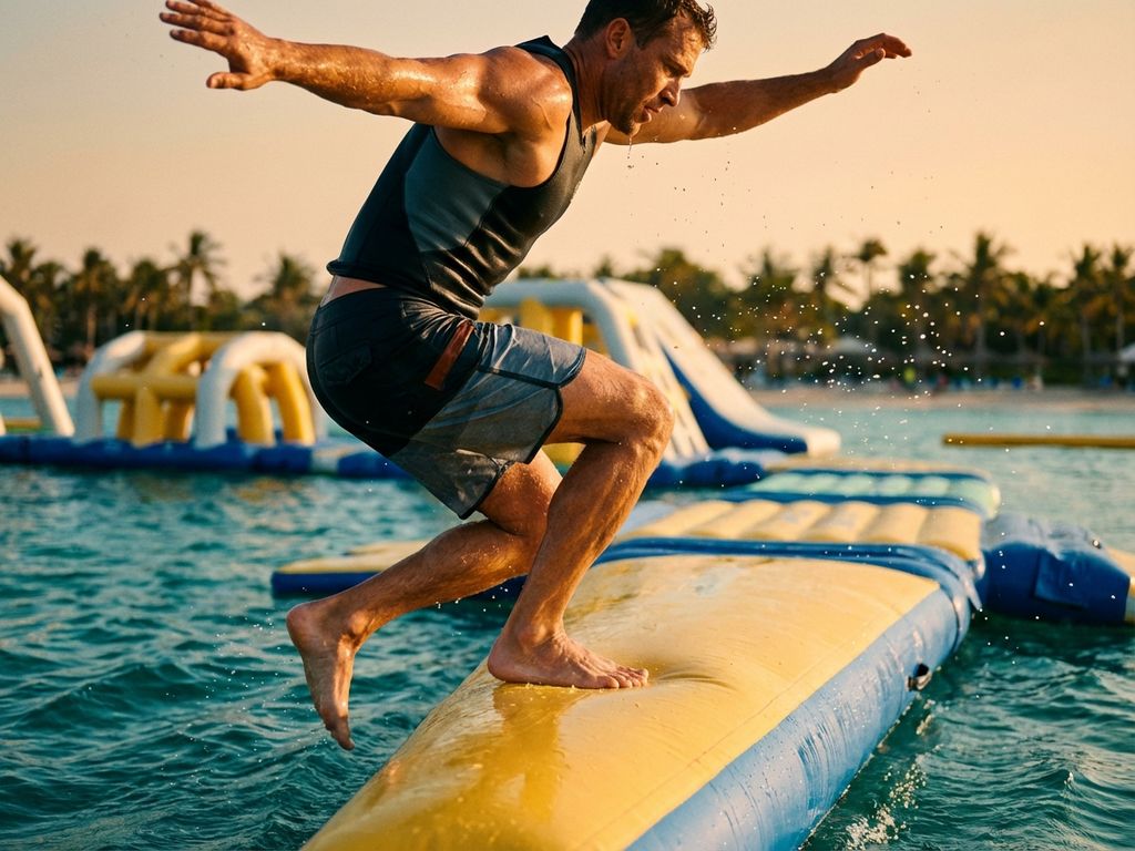 Atleet balanceert op opblaasbaar waterparkobstakel in turquoise water tijdens gouden uur