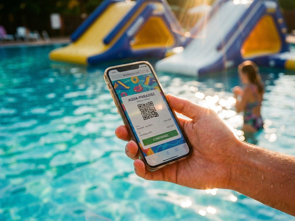 Hand houdt smartphone vast met aquapark boekingsbevestiging bij zwembad met helder turquoise water op zonnige dag