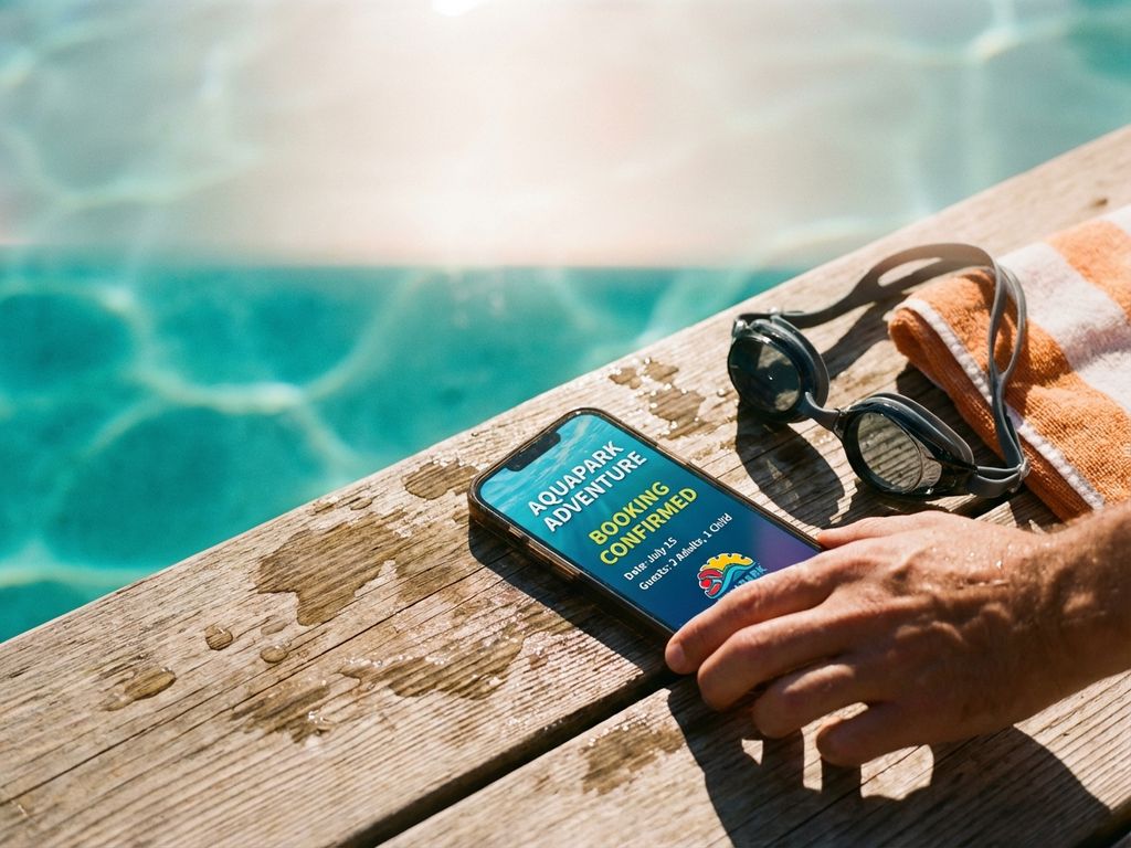 Smartphone met aquapark boekingsbevestiging op houten terras bij zwembad met waterdruppels en zwembril