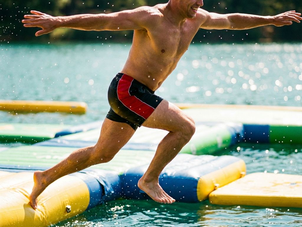 Atleet duikt van opblaasbaar waterparcours in helder turquoise water met zonlicht op waterdruppels