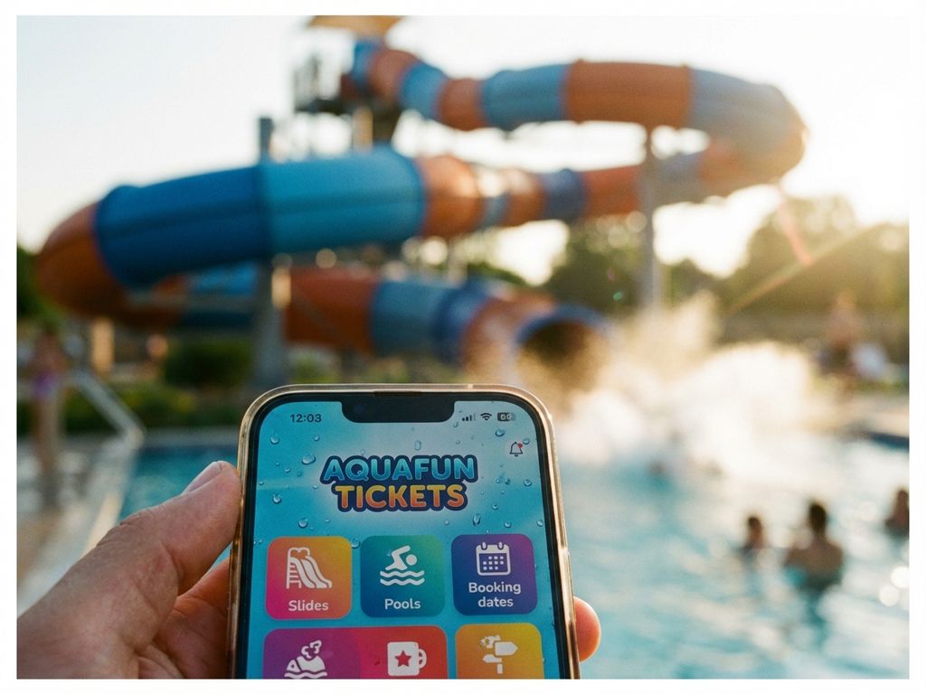 Hand houdt smartphone vast met aquapark ticketboekings-app, waterdruppels op scherm, zwembad op achtergrond