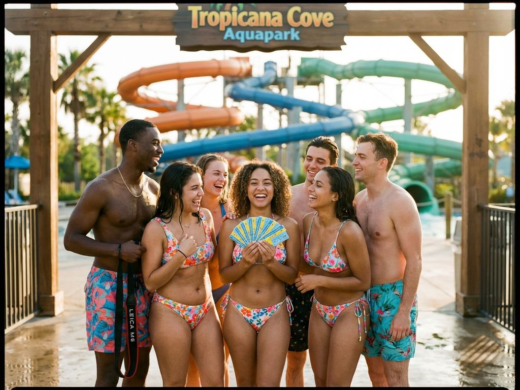 Diverse vriendengroep in zwemkleding met toegangskaartjes bij ingang kleurrijk aquapark met waterglijbanen