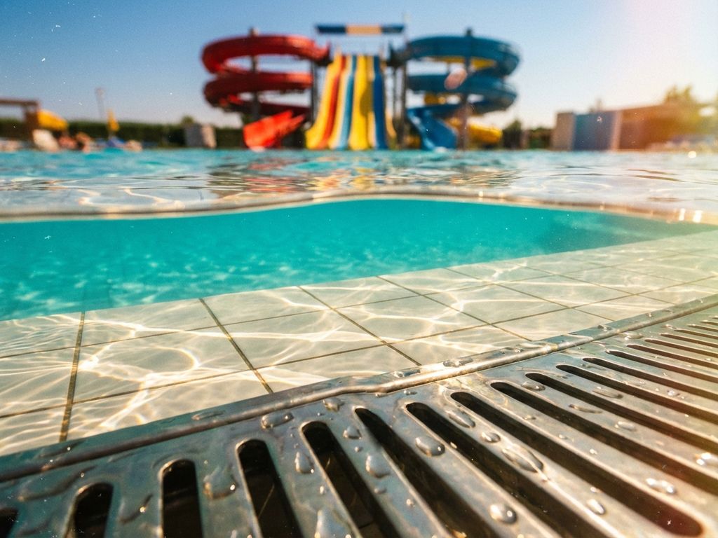 Zwembad golfbad met helder turquoise water, roestvrij stalen filter en gekleurde glijbanen op de achtergrond