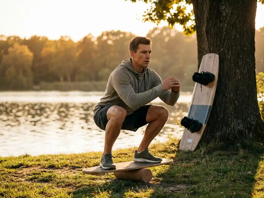 Atleet voert diepe squat uit op balansplank bij meer, wakeboard tegen boom, ochtendlicht met gouden gloed