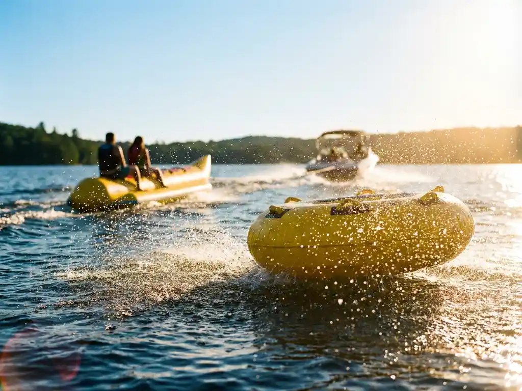 Gele opblaasbare tube springt over helder meerwater met dramatische spatten, bananenboot op de achtergrond