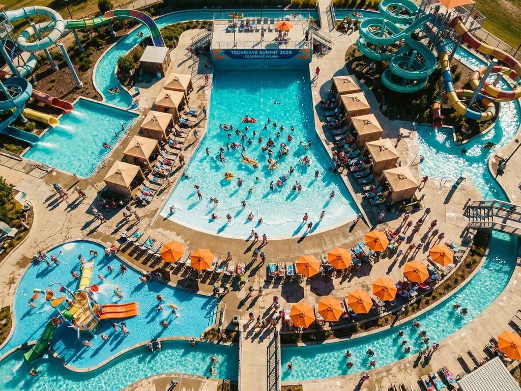 Luchtfoto van bedrijfsevenement in aquapark met medewerkers in zwemkleding bij glijbanen en zwembaden---**Metadata Check:**- Character count: 111 ✓- Language: Dutch ✓- No extraneous phrases ✓- Descriptive and accessible ✓