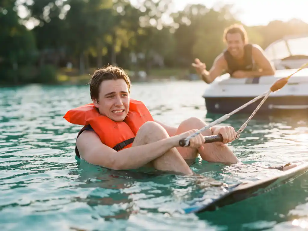 Beginner in oranje zwemvest houdt wakeboard handvat vast in turquoise water, instructeur op achtergrond