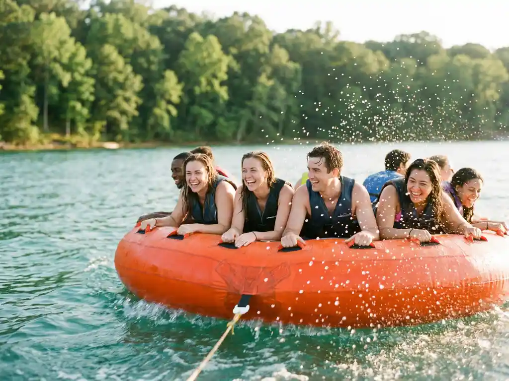 Collega's lachen terwijl ze op een oranje opblaasbare tube over turquoise water varen met waterdruppels in zonlicht