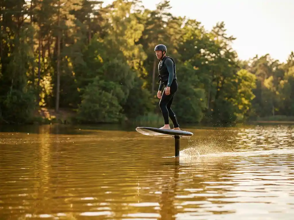 Persoon op e-foil hydrofoil board boven helder meerwater in Kempens bos met gouden namiddaglicht
