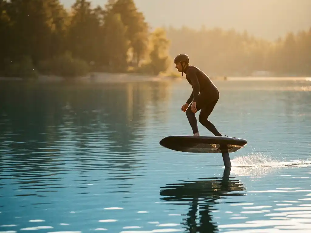 Persoon zweeft op e-foil hydrofoil 60 centimeter boven kristalhelder meer, koolstofvezel vleugel zichtbaar onder wateroppervlak