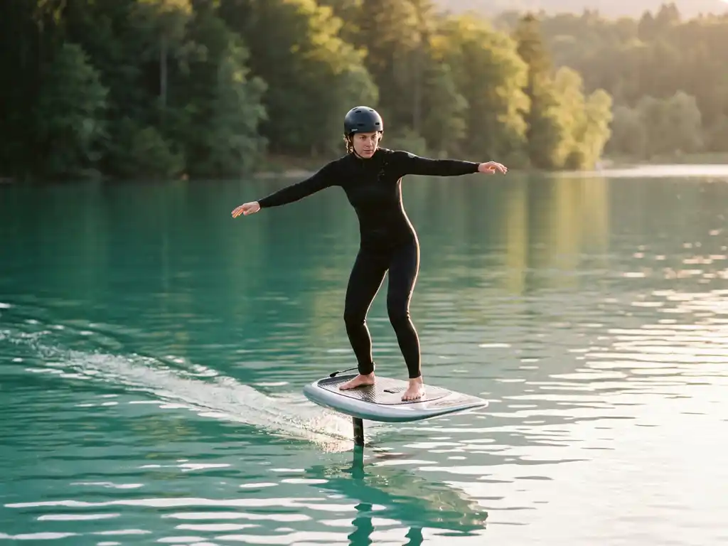 Beginner balanceert op zilveren e-foil boven kalm turquoise meerwater, armen gespreid, met groene oever op achtergrond