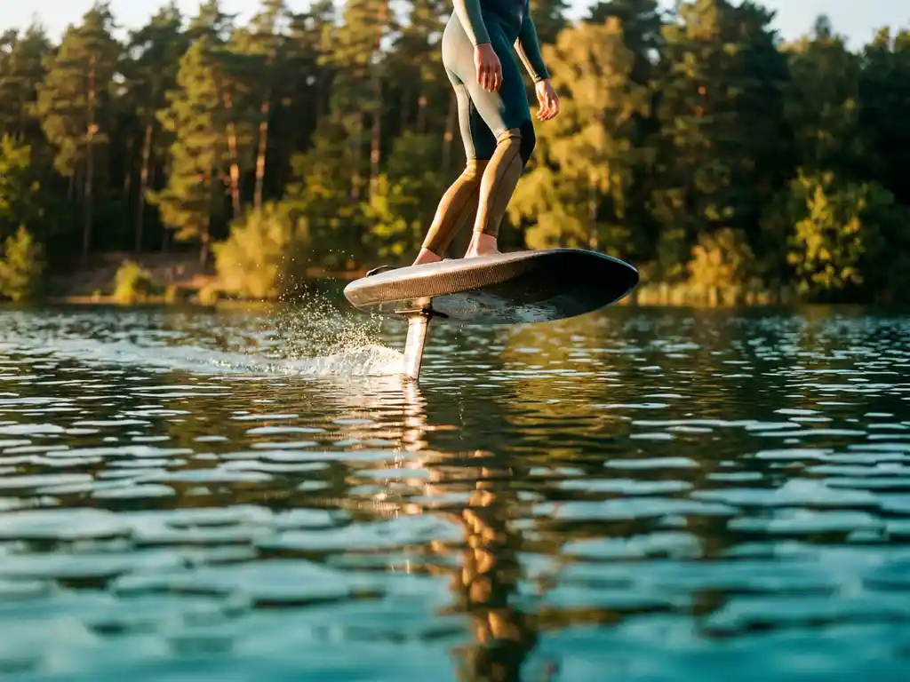 E-foil board zweeft boven kristalhelder Belgisch meer met ruiter, dennenbomen op oever, gouden avondlicht weerkaatst op water