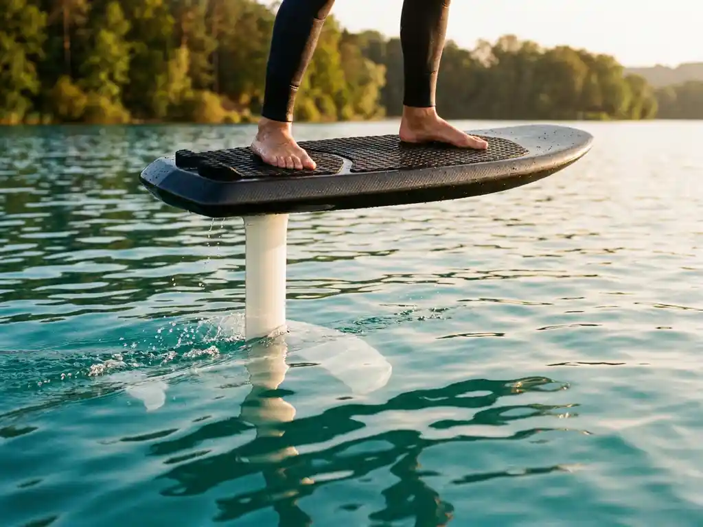 eFoil board zweeft boven kristalhelder turquoise meerwater met witte hydrofoil vleugel en rijder's voeten op het dek