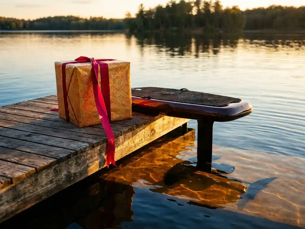 Cadeauverpakking met lint naast e-foil board op houten steiger bij zonsondergang, kalm meer met gouden reflecties
