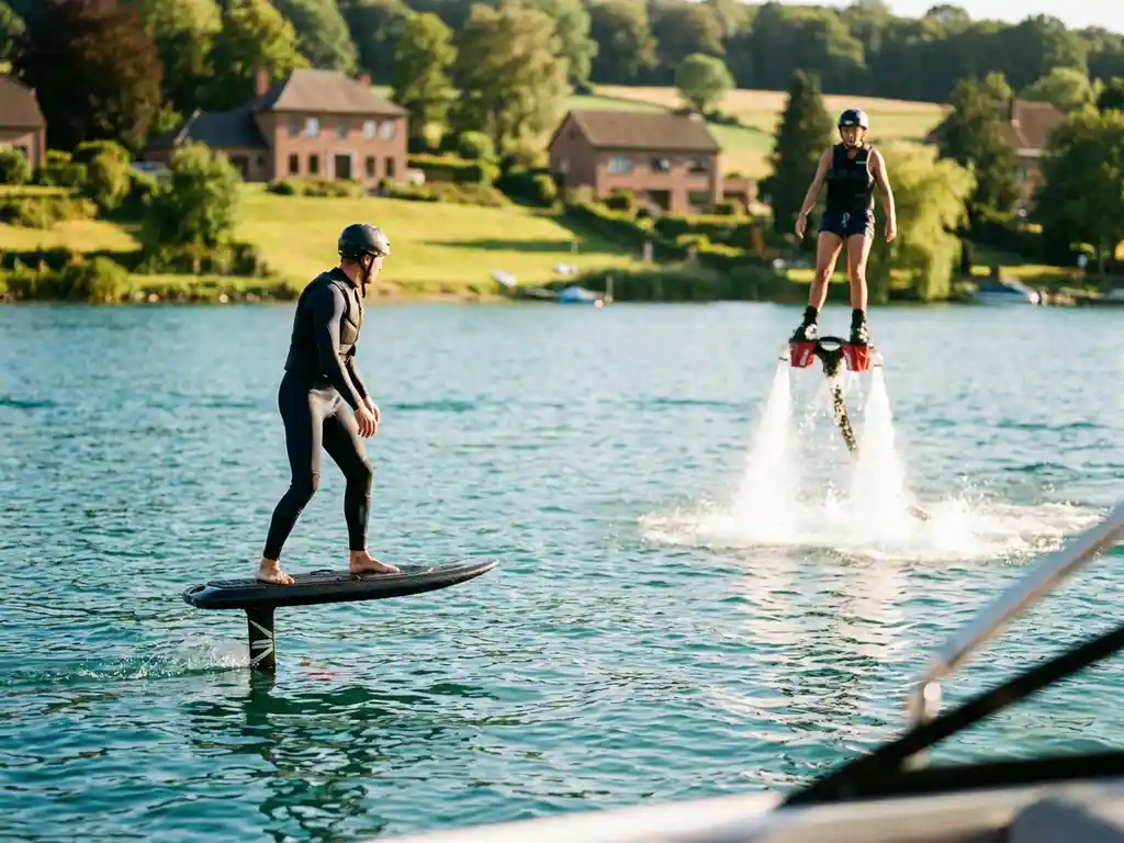 E-foil rijder zweeft boven kristalhelder meer terwijl flyboarder omhoog lanceert met waterstralen, Belgisch meerlandschap