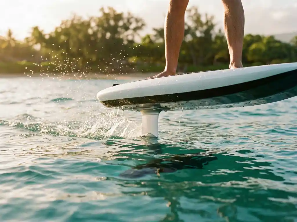 Zilverkleurige eFoil hydrofoil snijdt door helder turquoise water, carbonfiber board met zichtbare aluminium vleugel onder oppervlak