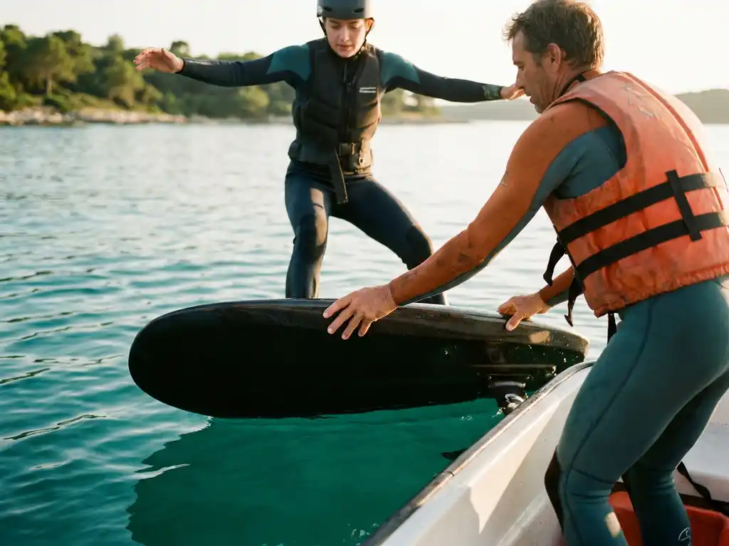 Instructeur in oranje zwemvest begeleidt beginner op carbon e-foil board in helder turquoise water bij zonsondergang