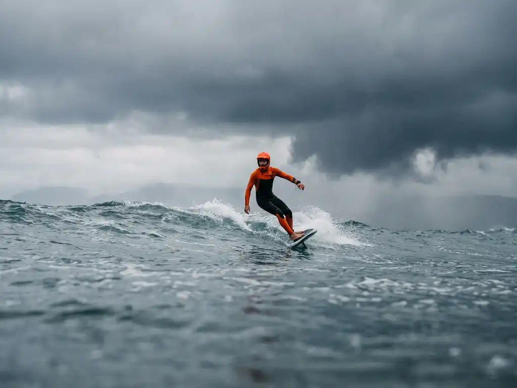 E-foiler in felle wetsuit snijdt door golvend grijs water onder dreigende onweerswolken met opspattend schuim