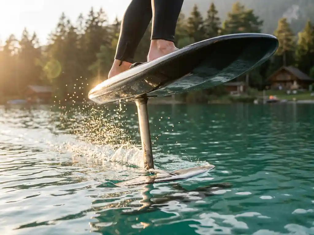 E-foil board met hydrofoil glijdt door helder water van Vossemeren, druppels spatten op in gouden zonlicht