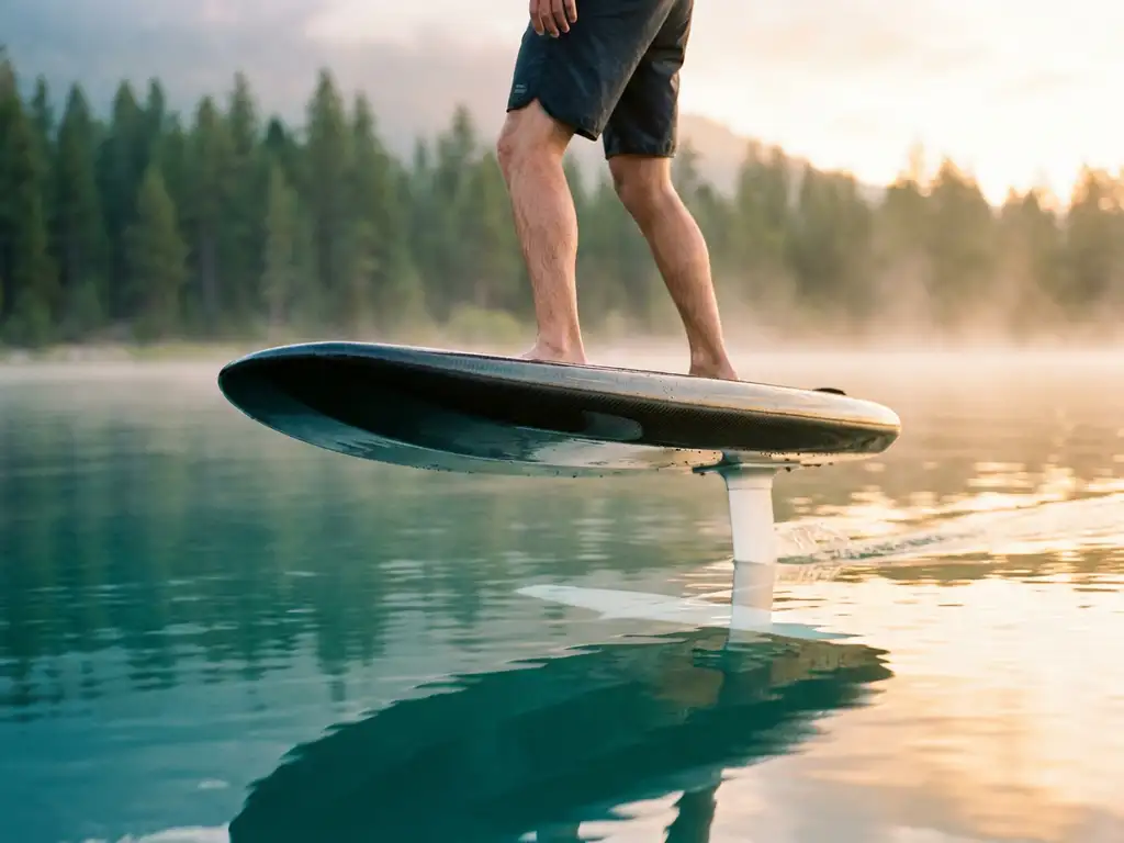 Elektrische foilboard zweeft boven helder turquoise meerwater met witte hydrofoil, gouden zonsopgang en groen bos op achtergrond