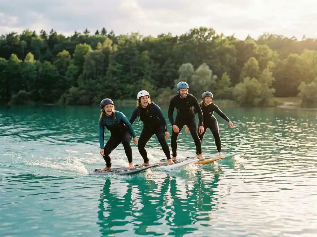 Vier vrienden lachen samen op elektrische foilboards over turquoise meer met Belgisch bos op de achtergrond in gouden zonlicht