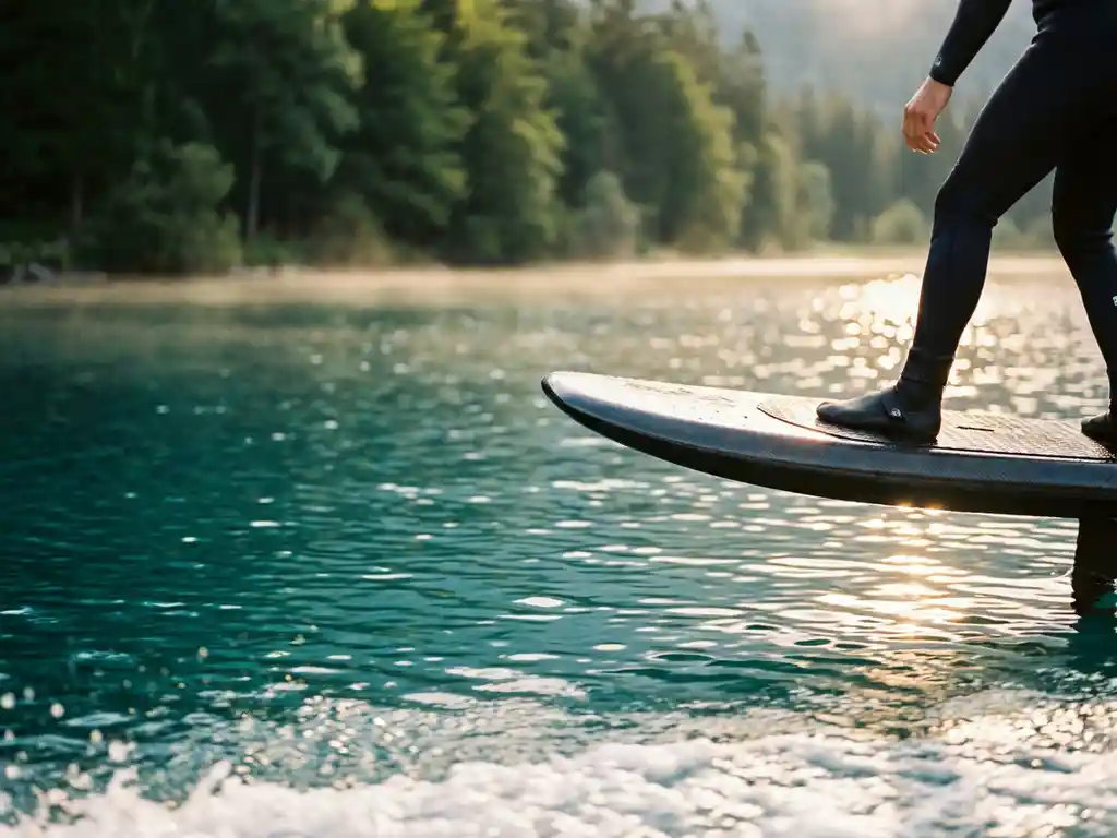 Elektrische hydrofoil board zweeft boven helder Belgisch meer met groene oever en gouden zonlicht op wateroppervlak