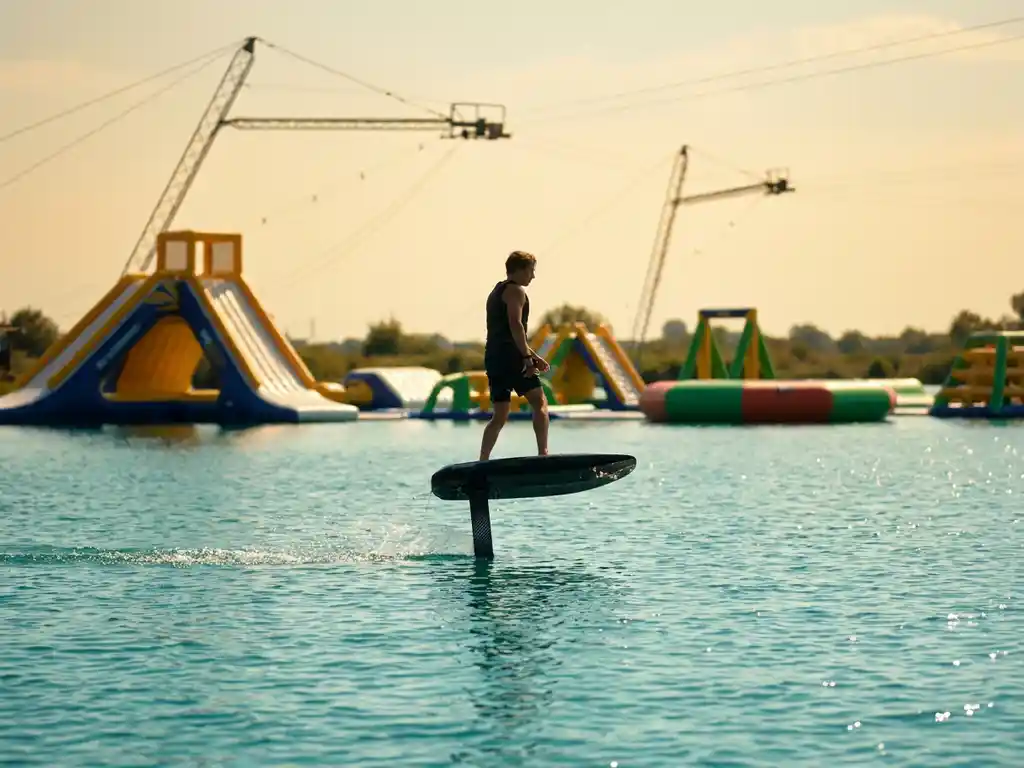 Elektrische hydrofoil board glijdt over turquoise water met opblaasbare aquapark obstakels en wakeboard kabelsysteem op achtergrond