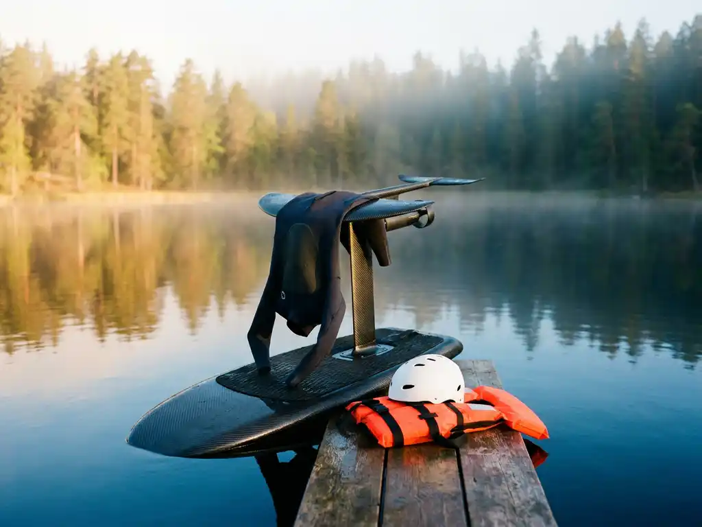 Elektrische hydrofoil board op houten steiger met wetsuit, helm en zwemvest bij kalm meer in ochtendlicht