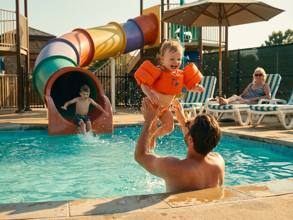 Peuter met oranje zwembandjes speelt in ondiep zwembadwater terwijl ouder vasthoudt, familie geniet op waterpark