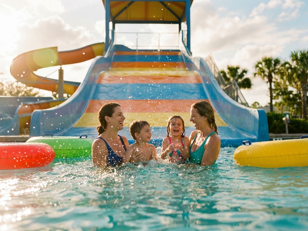 Familie lacht en speelt samen in helder turquoise water aan de voet van een kleurrijke waterglijbaan bij zonsondergang