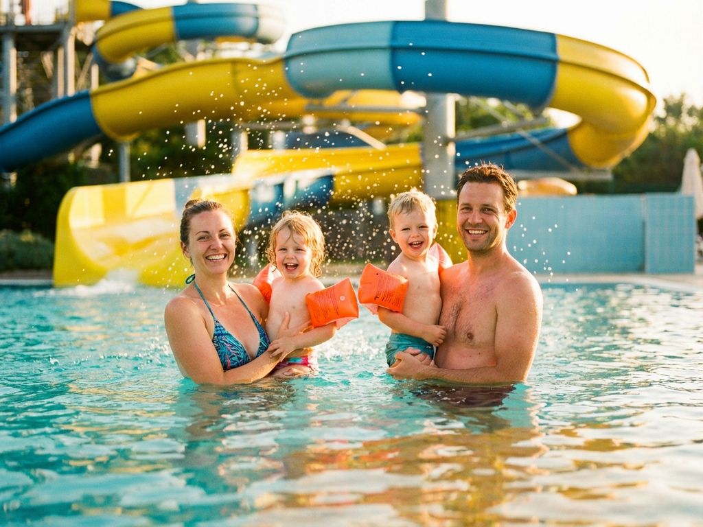 Familie van vier geniet van zomervakantie in zwembad met gekleurde waterglijbanen op de achtergrond