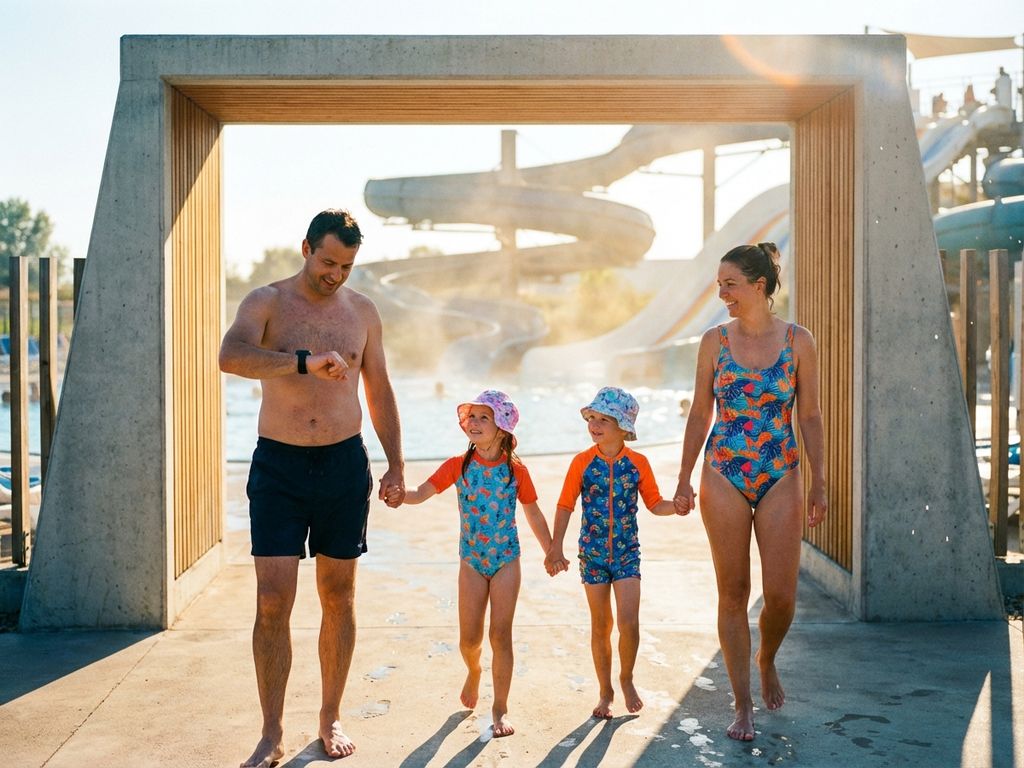 Gezin van vier in zwemkleding bij ingang van modern waterpark met glijbanen op zonnige dag
