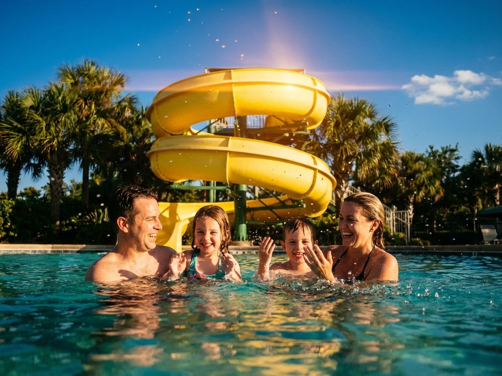 Familie speelt vrolijk in helder turquoise zwembad bij waterpark met gele glijbaan en palmbomen