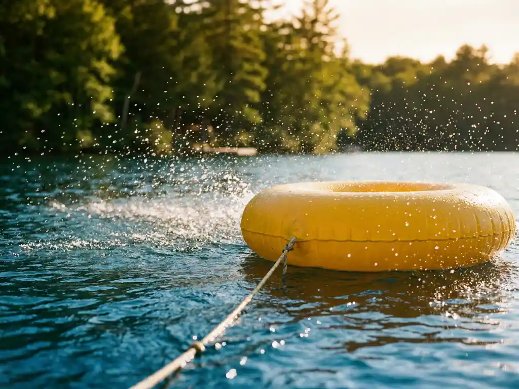Gele opblaasbare tube spettert door helder water met zichtbare druppels, bos op de achtergrond in gouden zonlicht