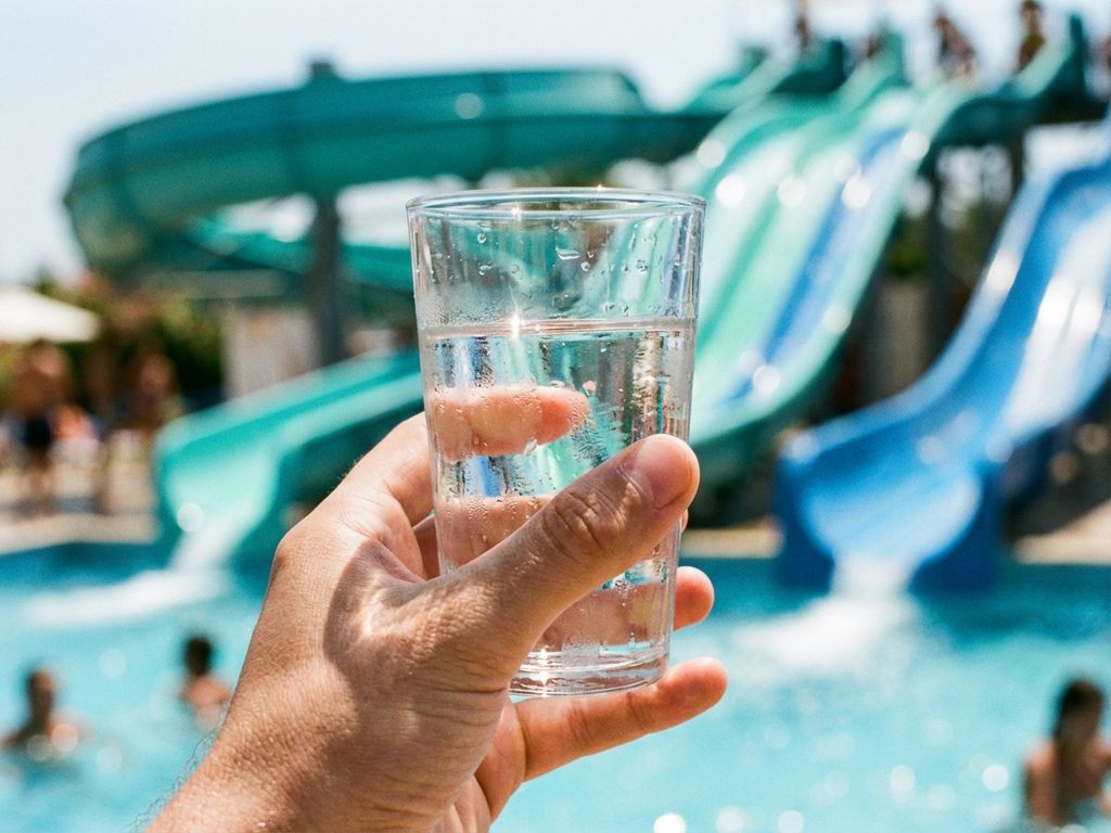 Glas water op ooghoogte voor turquoise waterglijbaan in zwembad met waterdruppels en zonlicht---**Token Usage Summary:**- Input tokens: 316- Output tokens: 26- Total tokens: 342- Token budget remaining: 199,658