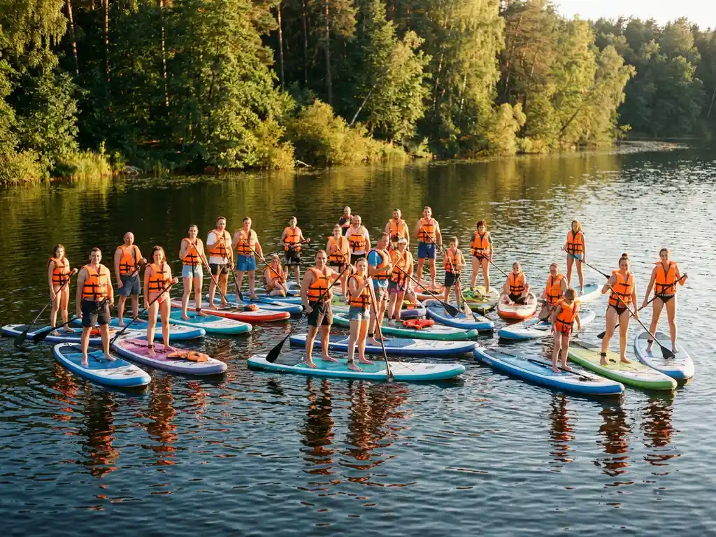 Groep van meer dan vijfentwintig mensen in oranje zwemvesten op kleurrijke stand-up paddleboards op kalm meer bij zonsondergang
