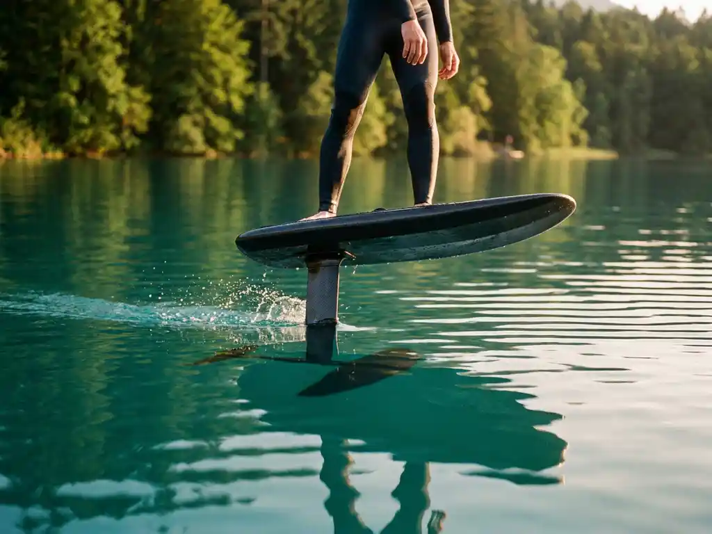 Persoon op carbon hydrofoil board boven kristalhelder turquoise meer met zichtbare onderwatervleugel en bosrijke oever