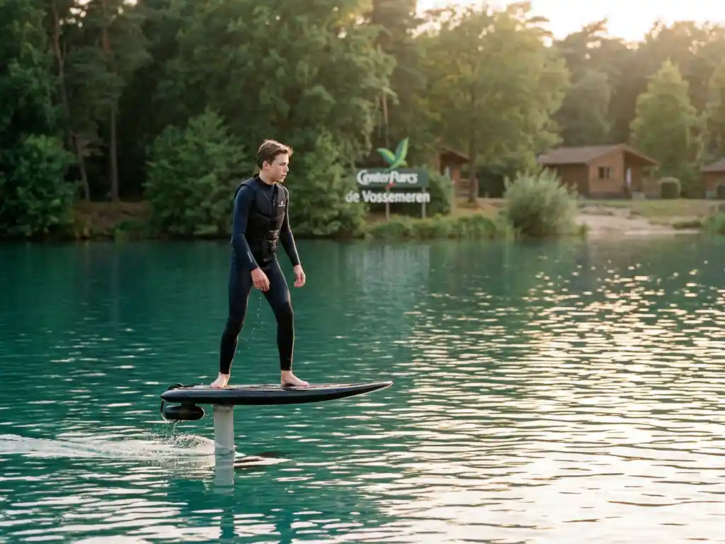 Tiener balanceert op elektrische hydrofoil board over turquoise water bij Center Parcs de Vossemeren