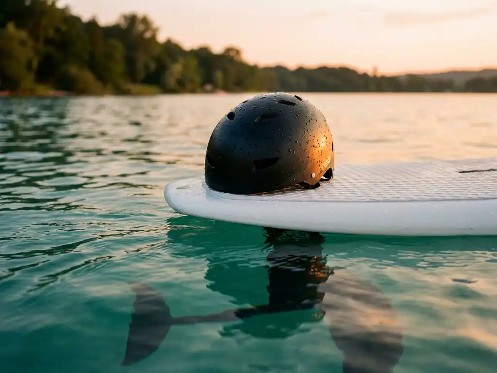Zwarte veiligheidshelm op witte hydrofoil board in turquoise water met gouden zonlicht en waterdruppels