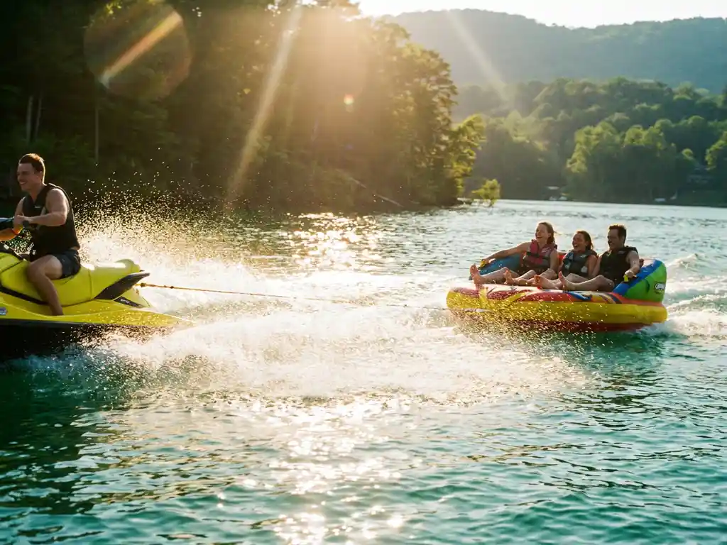 Gele jetski trekt opblaasbare tube over turquoise meer, waterdruppels fonkelen in zonlicht, groene oever op achtergrond