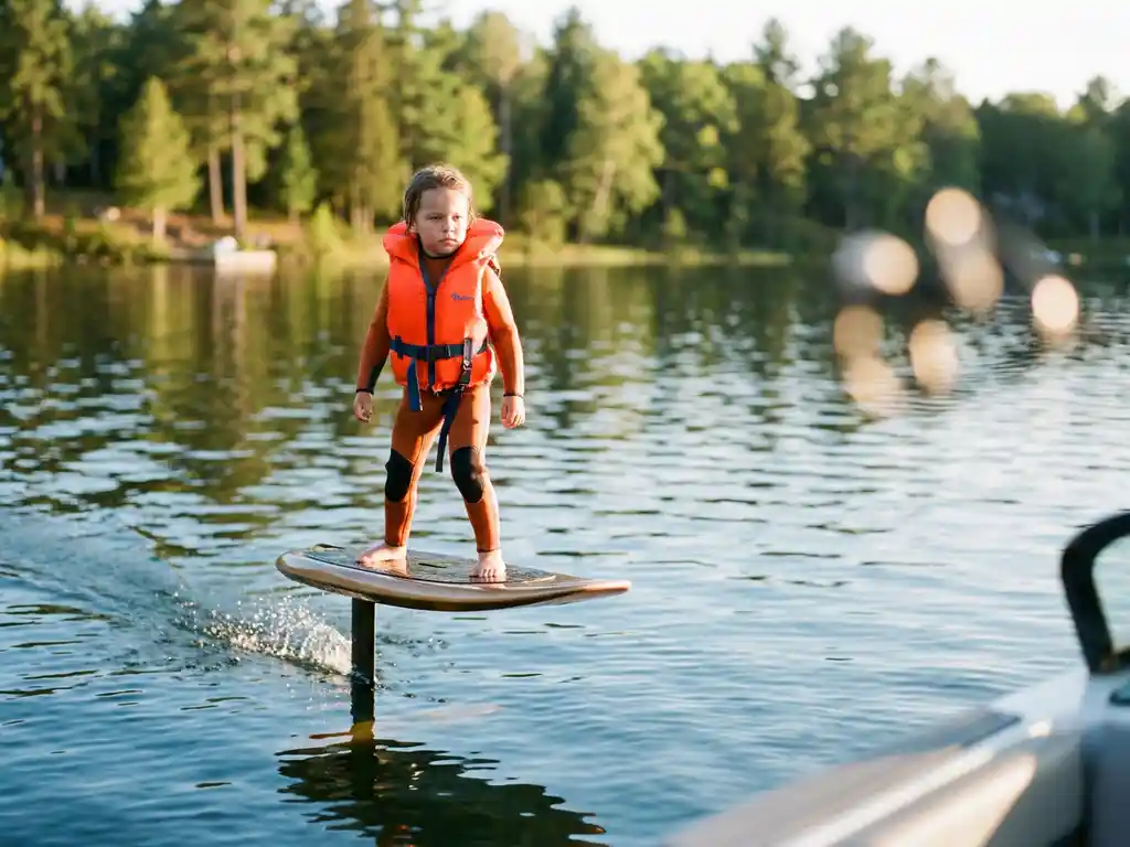 Kind in oranje zwemvest staat op elektrische hydrofoil boven helder meer met groene bomen op achtergrond