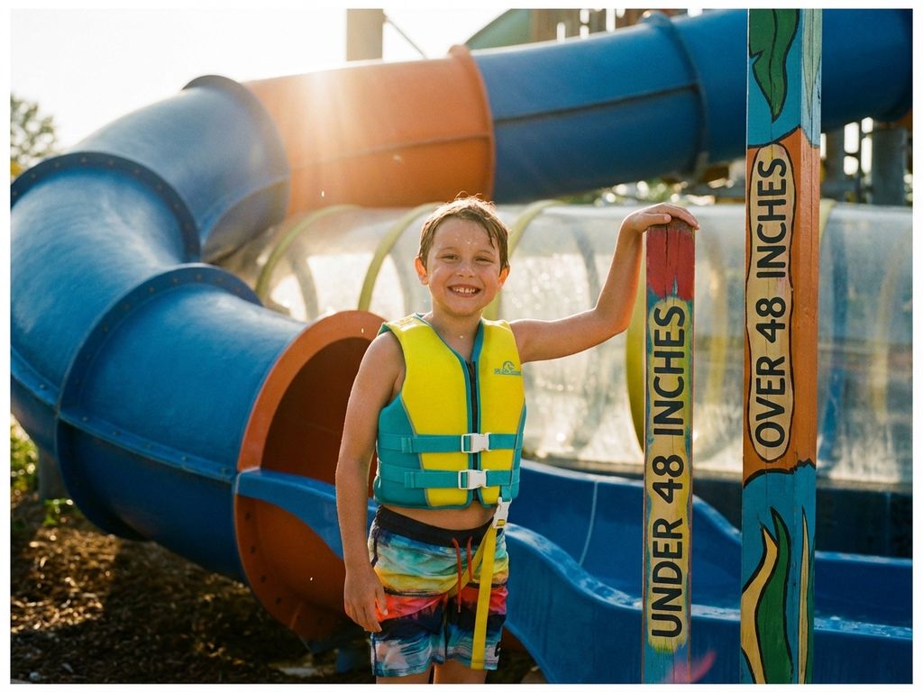 Kind in zwemvest bij kleurrijke hoogtemeter van aquapark waterglijbaan op zonnige dag