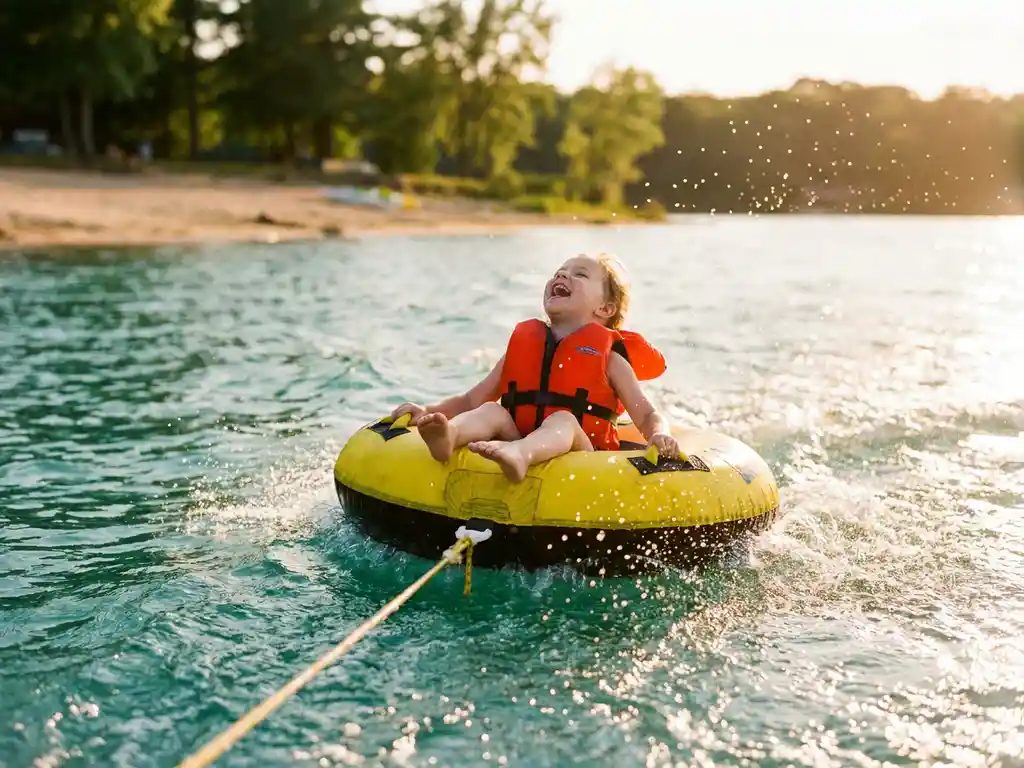 Kind lacht op opblaasbare tube getrokken over blauw meerwater, oranje zwemvest, zomerse waterpret met spatten