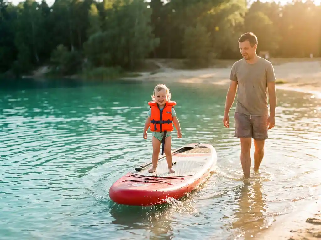 Kind in oranje zwemvest balanceert op rood supboard in kalm turquoise water, ouder kijkt toe vanuit ondiep water