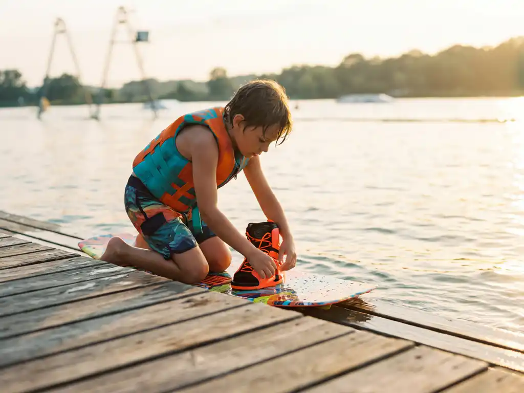 Kind van 7-8 jaar past neon bindingen aan op wakeboard bij meer, houten steiger op voorgrond, gouden zonlicht op water