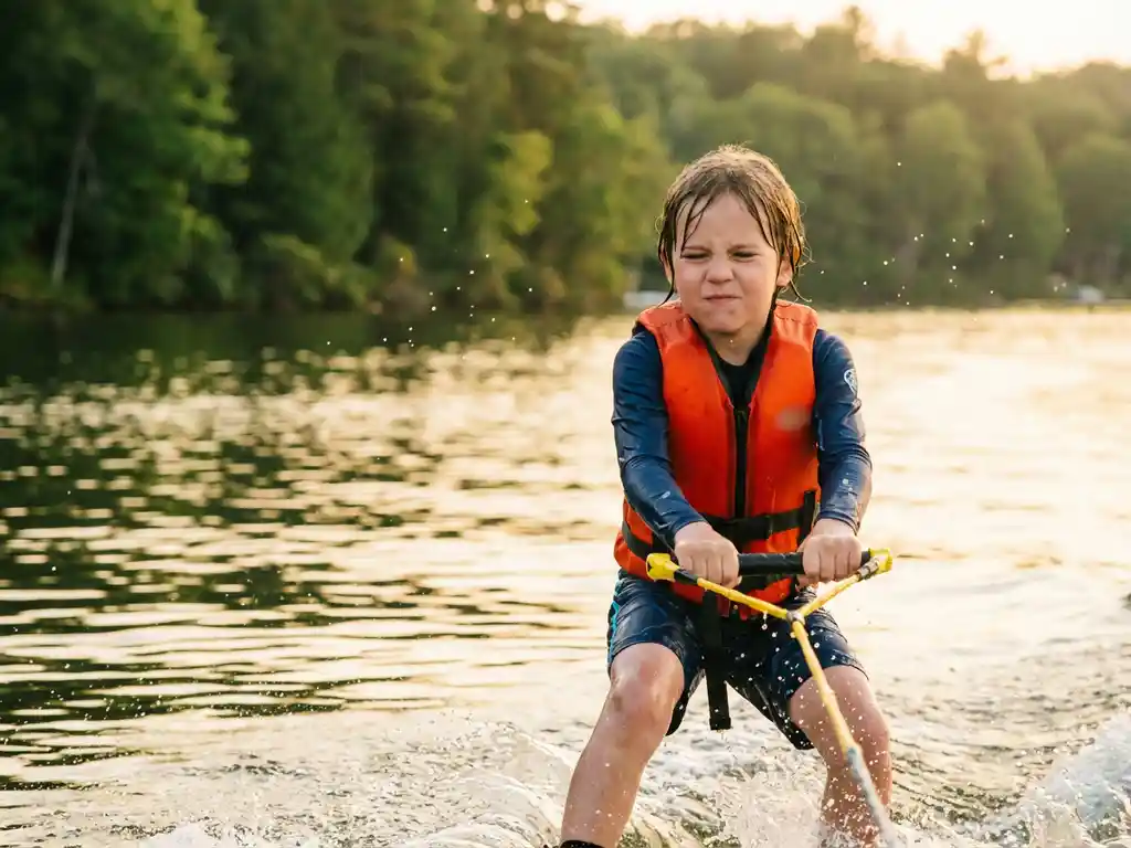 Kind van 8 jaar op wakeboard grijpt handvat stevig vast, draagt oranje zwemvest terwijl waterdruppels opspatten op kalm meer met groene oever op achtergrond