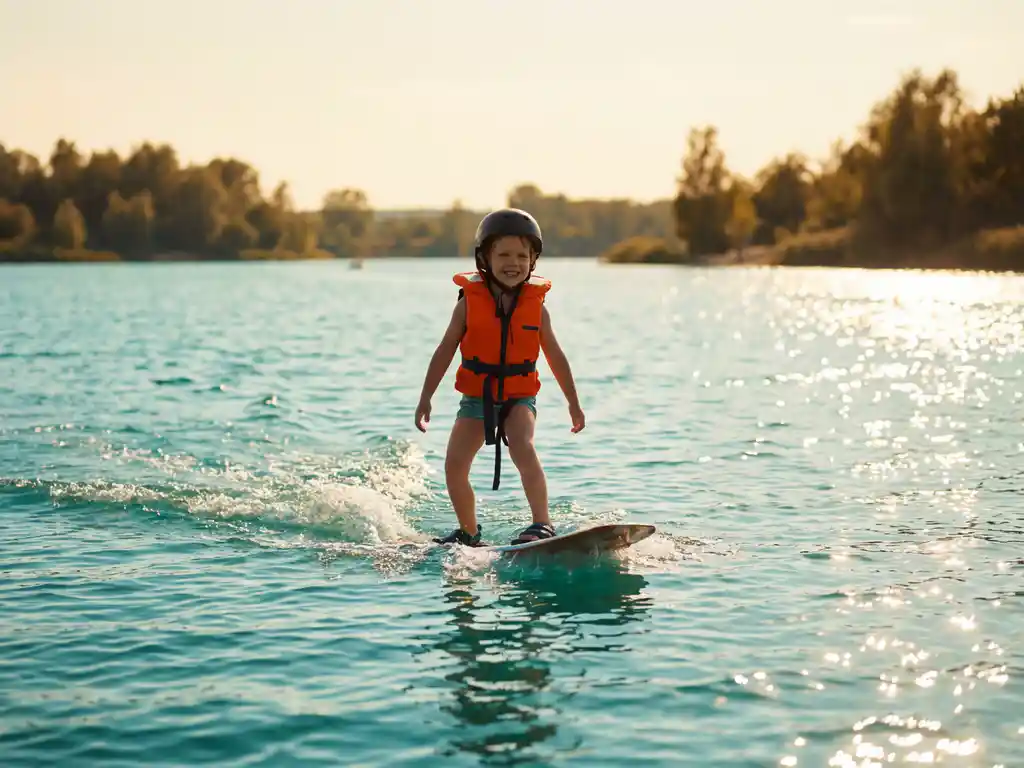 Kind op wakeboard in oranje zwemvest glijdt over turquoise water met spetters in gouden zonlicht