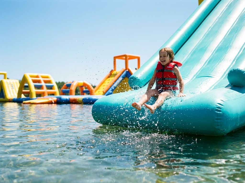 Kind glijdt lachend van een turquoise opblaasbare waterglijbaan omringd door kleurrijk zwembad obstakelpark in de zomer