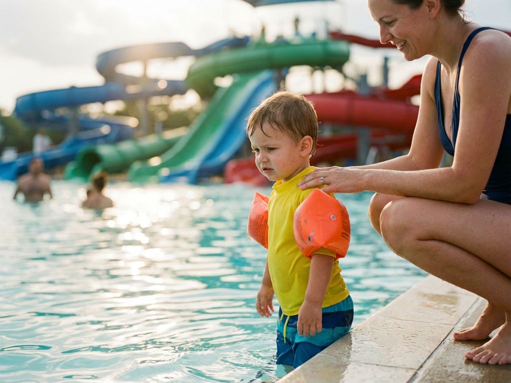 Kind met voorzichtige blik bij zwembadrand van glijbaan, ouder naast hen, waterpark op achtergrond