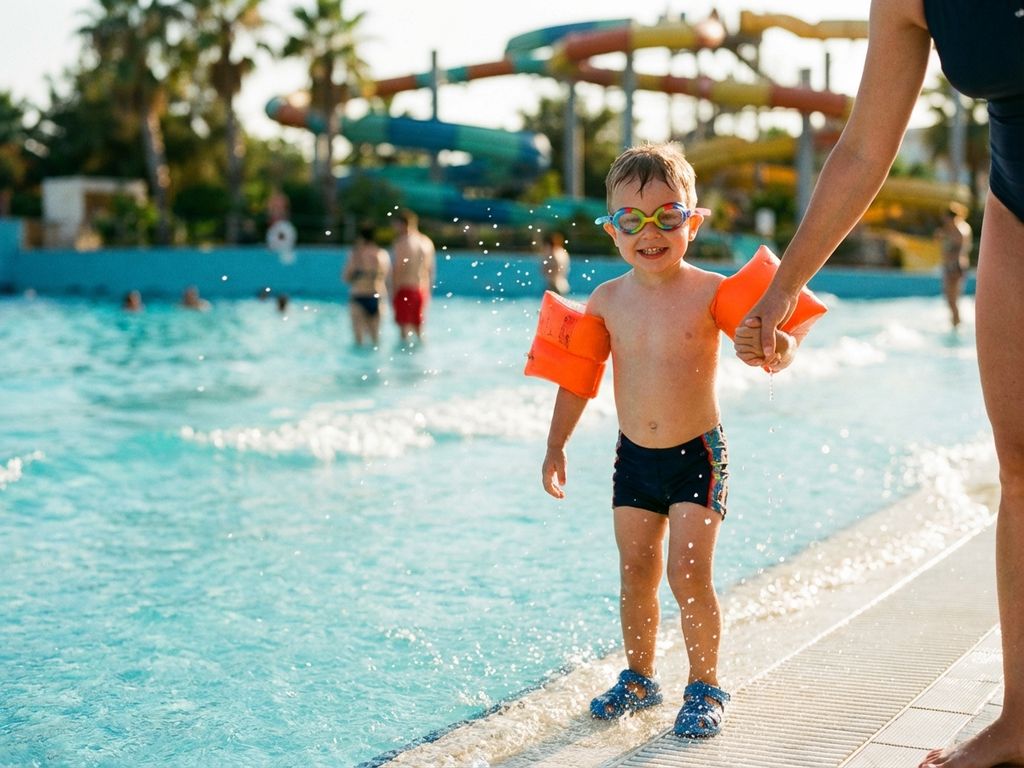 Kind met zwembril en zwembandjes aan rand van zwembad, hand in hand met ouder in aquapark met glijbanen